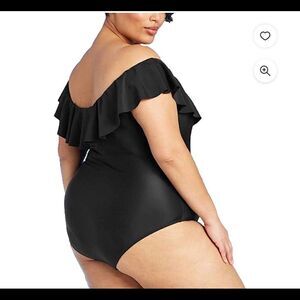 Kona Sol Women's Ruffle Neck Swimsuit Sleeveless Black Size 18W 24W NWT